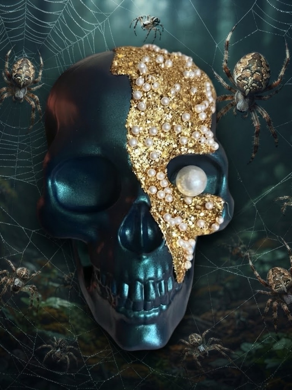 Gold-Embellished Teal Skull Accent